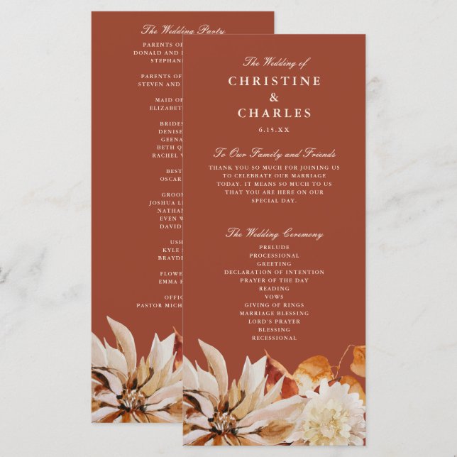 Programa Cerimônia de Casamento Floral de Aquarelas do outo (Frente/Verso)