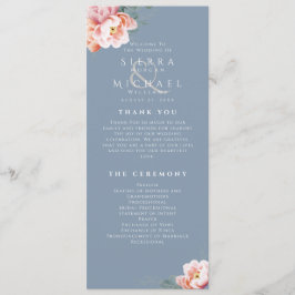 Programa Cerimônia de Casamento Floral de Blush Azul Modern