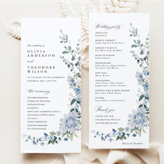 Programa Cerimônia de Casamento Floral de Flor Silvestre Az (Dusty Blue Wildflower Wedding Program Card, Blue Floral Ceremony Program, Party Program Stationery)