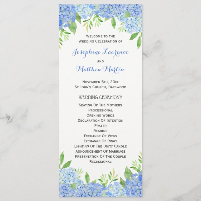 Programa Cerimônia de Casamento Floral de Hydrangea Blue Gr (Frente)