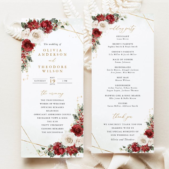 Programa Cerimônia de Casamento Floral de Inverno em Dourad (Wedding Program Burgundy gold Winter Floral Ceremony Program Red Rose Poinsettia geometric card)