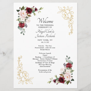Programa Cerimônia de Casamento Floral de Ouro Elegante