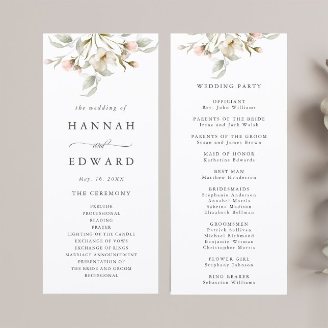 Programa Cerimônia de Casamento Floral Elegante Blush de Sa (Front & Back)