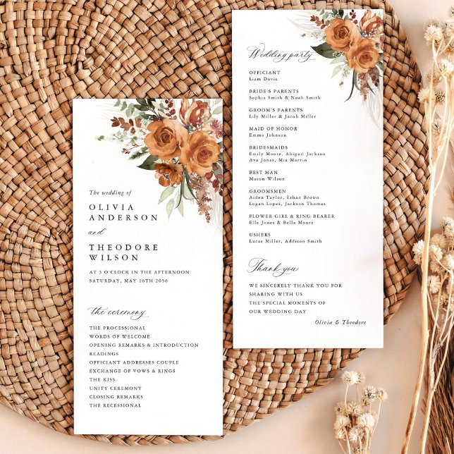 Programa Cerimônia de Casamento Floral Rosa Boho Terracota (Terracotta rose floral wedding program card with ceremony timeline, boho garden wedding stationery)