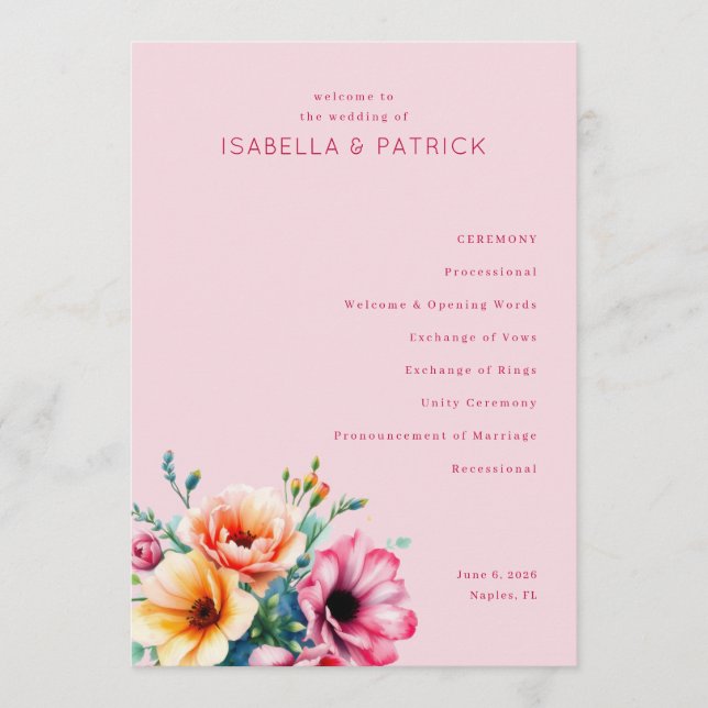 Programa Cerimônia de Casamento Floral Rosa Romântica (Frente)