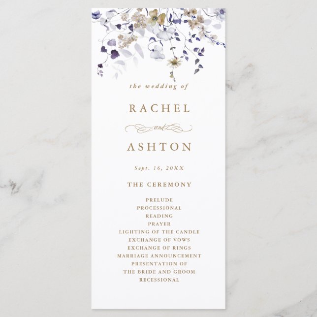 Programa Cerimônia de Casamento Floral Roxo Branco Dourado  (Frente)