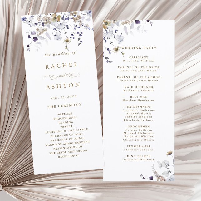 Programa Cerimônia de Casamento Floral Roxo Branco Dourado  (Front & Back)