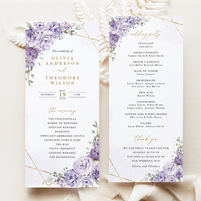 Programa Cerimônia de Casamento Geométrico Floral Lavanda D (Lavender Floral Gold Geometric Wedding Program, Elegant Purple Rose Wedding Ceremony Program)