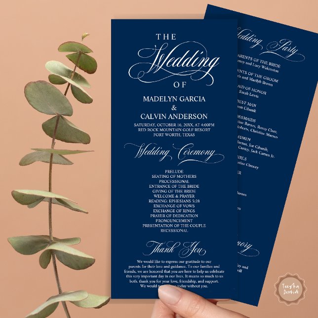 Programa Cerimônia de Casamento, Marinho de Elegância Cláss (Wedding Ceremony Program Card, in Modern Classy Elegant Design, in Navy Blue)