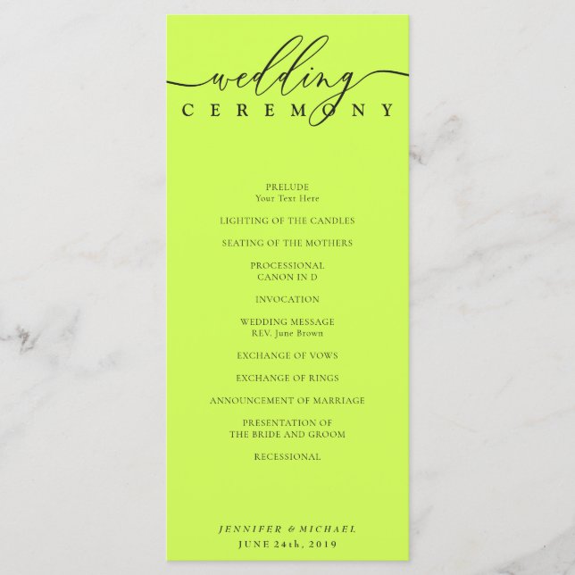 Programa Cerimônia de Casamento Minimal Cyber Lime Jet Blac (Frente)