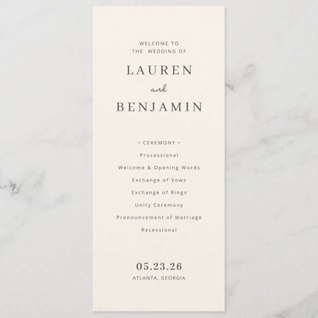 Programa Cerimônia de Casamento Minimalista Creme Elegante (Frente)