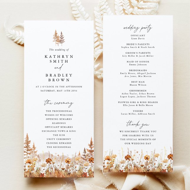 Programa Cerimônia de Casamento na Montanha de Flores Silve (Terracotta wildflower mountain wedding program front and back, elegant boho ceremony program card)