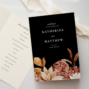 Programa Cerimônia de Casamento Negro Floral de outono Eleg