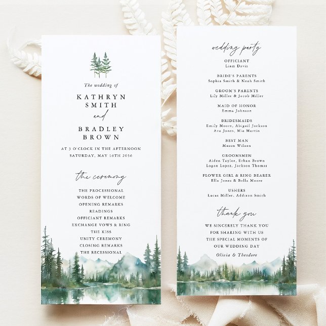 Programa Cerimônia de Casamento no Bosque do Lago da Montan (Mountain Lake Wedding Program, Woodland Wedding Ceremony Program, Forest Wedding Stationery Suite)