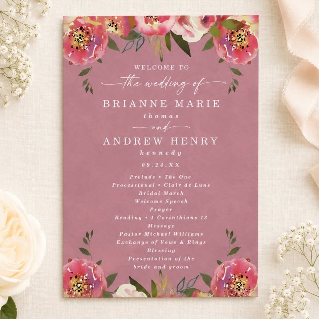 Programa Cerimônia de Casamento Rosa Selvagem Chic em Flor (Elegant wild rose pink wedding programs)