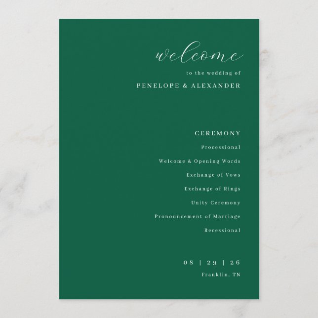 Programa Cerimônia de Casamento Verde Elegante (Frente)