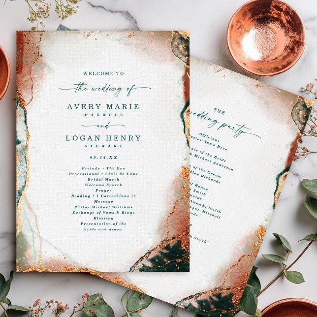 Programa Cerimônia Elegante de Abstrato Teal e Casamento de (Modern teal and copper wedding ceremony program with abstract design.)