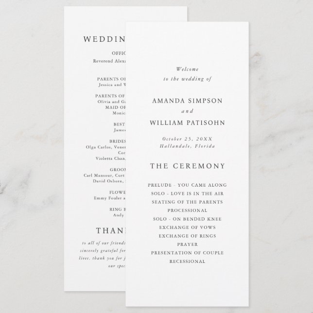 Programa Cerimônia Elegante de Casamento de Túneis do Jardi (Frente/Verso)