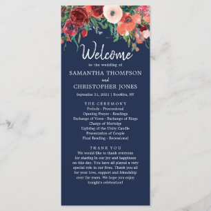 Programa Cerimônia Floral de Casamento marinho Azul Borgonh
