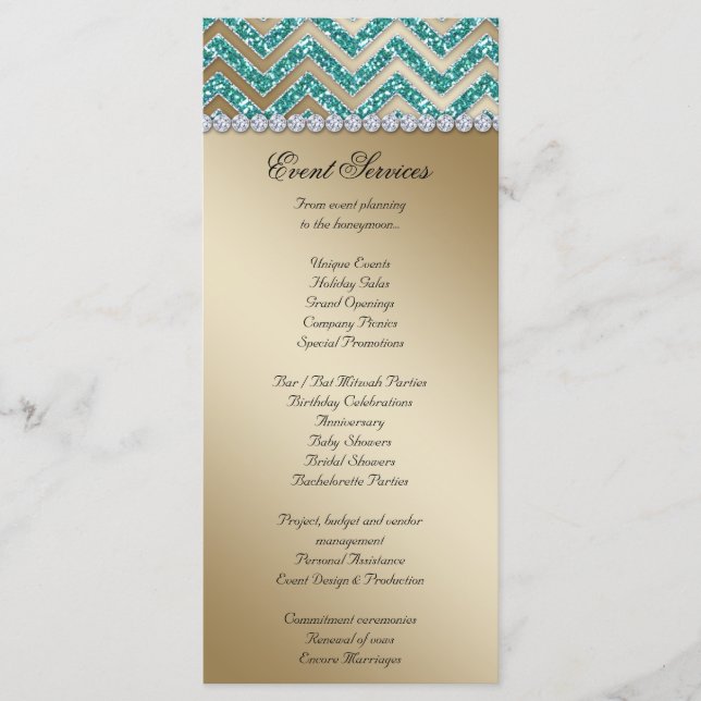 Programa Chevron Wedding Rack Cards Sparkle Teal Dourado (Frente)