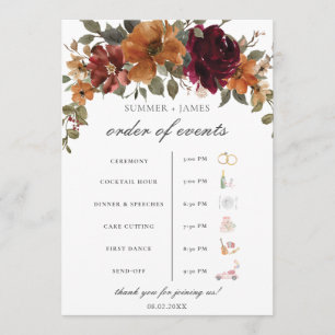 Programa Chic Burgundy Rust Casamento Floral Ordem do Event