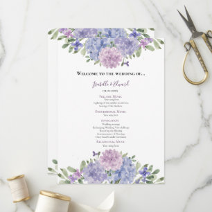 Programa Chic Dusty Azul Lilás Floral Aquarela Casamento