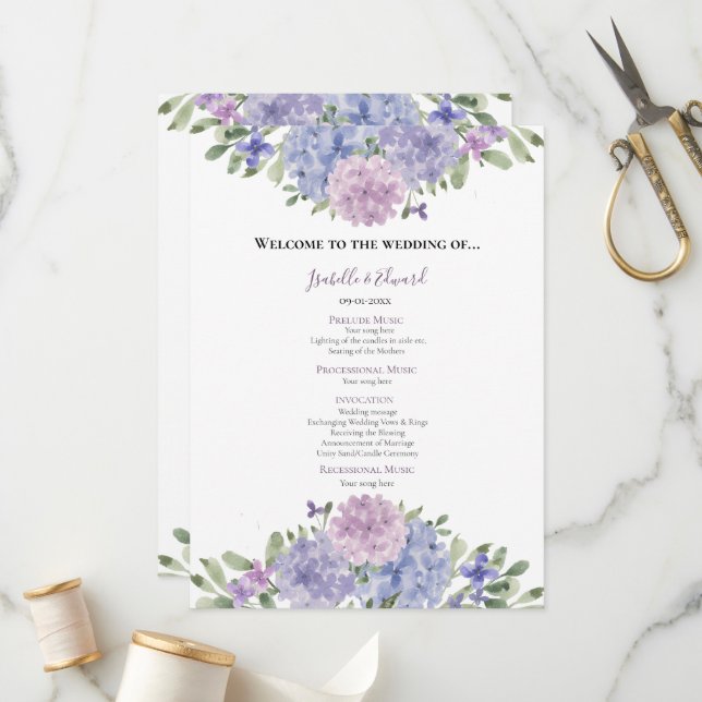 Programa Chic Dusty Azul Lilás Floral Aquarela Casamento (Frente/Verso In Situ)