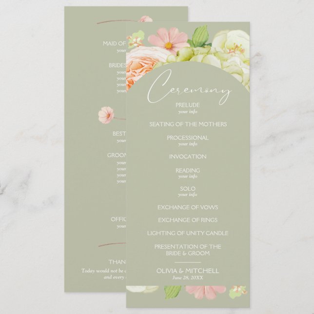 Programa Chic Florals Sage Cerimônia de Casamento Verde (Frente/Verso)