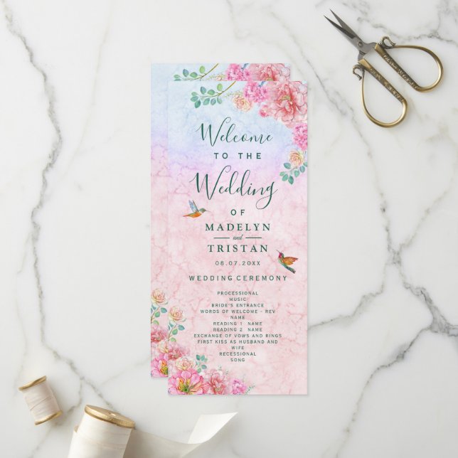 Programa Chic Verde e Rosa Delicado Casamento em Aquarela (Frente/Verso In Situ)