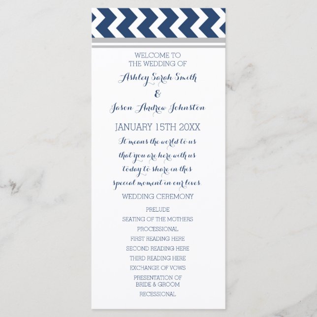 Programa cinza Blue Chevron Wedding (Frente)