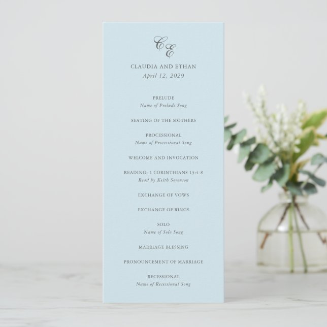 Programa Clássico Azul Pó Monograma Casamento Elegante (Em pé/Frente)