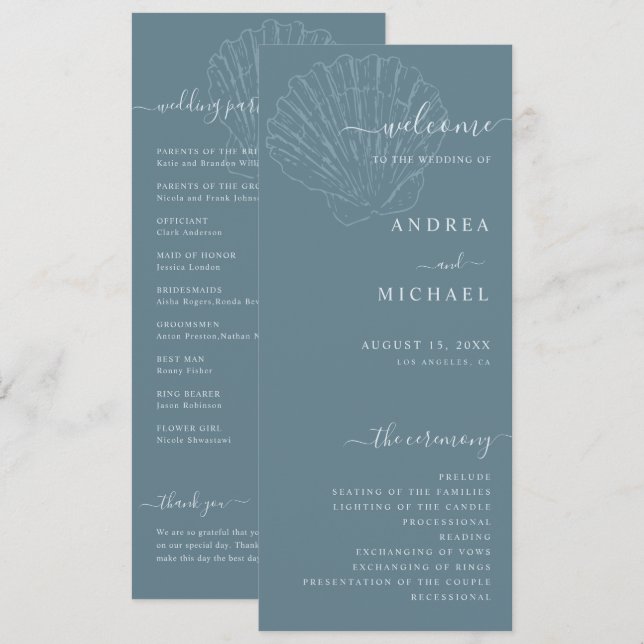 Programa Coastal Blue Nautical Hand Drawn Seashell Wedding (Frente/Verso)