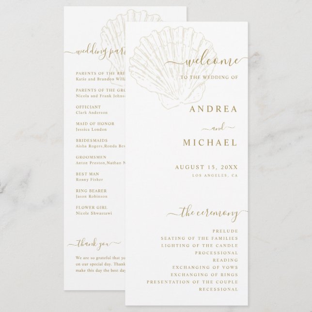 Programa Coastal Ivory & Gold Hand Drawn Seashell Wedding (Frente/Verso)