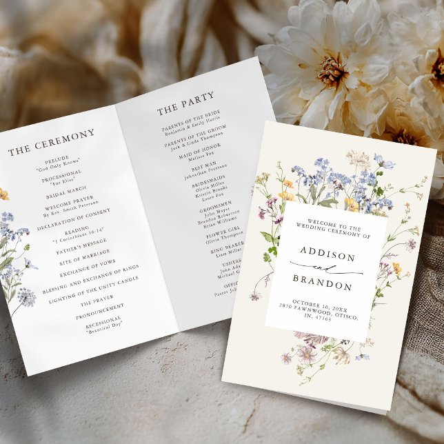 Programa Colorido de Casamento de Prados de Primav (Colorful Spring Wildflower Meadow Folded Wedding Program card)