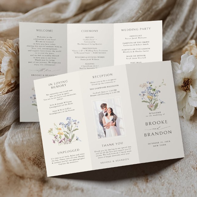 Programa Colorido de Casamento de Prados de Primav (Colorful Spring Wildflower Meadow tri fold Wedding Program)