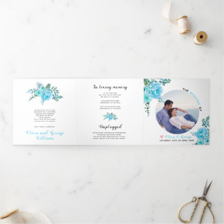 Programa Com Borda Tripla Azul-aquarelas flores verdes folhas, foto