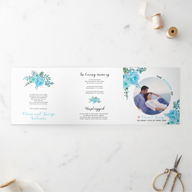 Programa Com Borda Tripla Azul-aquarelas flores verdes folhas, foto (Fora)