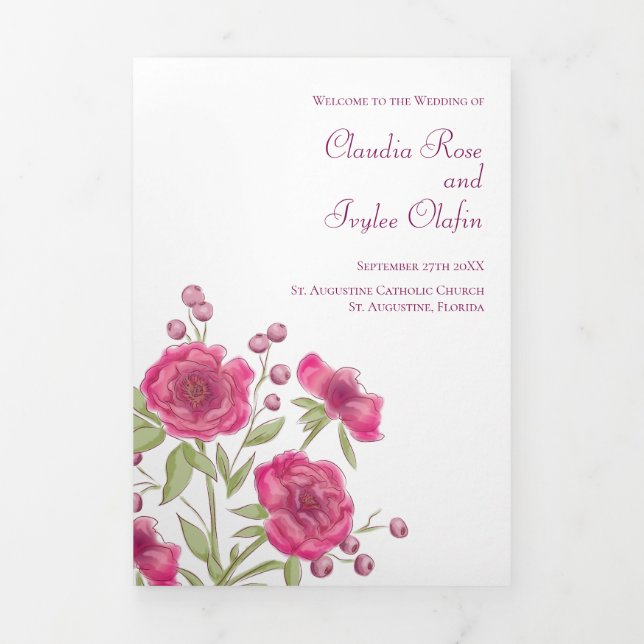 Programa Com Borda Tripla Bright Pink Rose Wedding Programs (Cobrir)