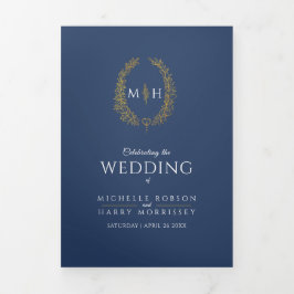 Programa Com Borda Tripla Casamento com dedicação da Dourada monograma azul