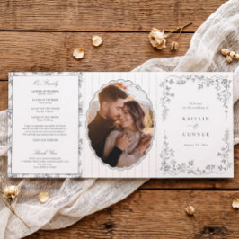 Programa Com Borda Tripla Casamento Floral Francês Vintage em Cinza Prata To