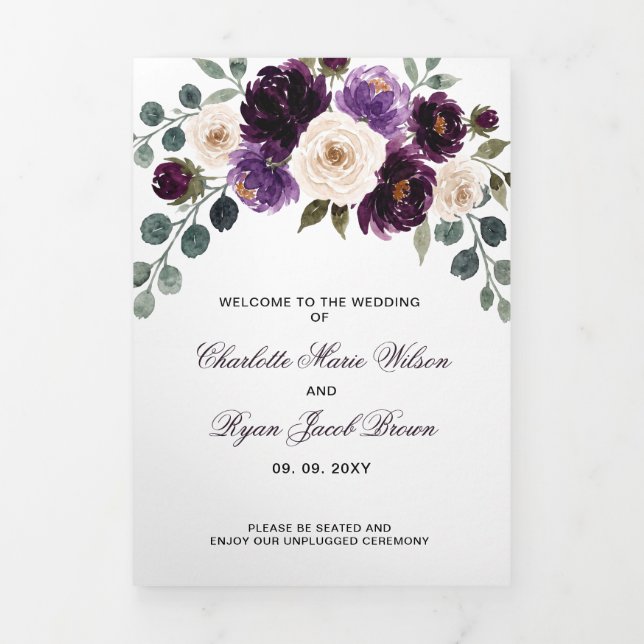 Programa Com Borda Tripla Casamento Floral Roxo Ameixa Marfim Berinjela (Cobrir)