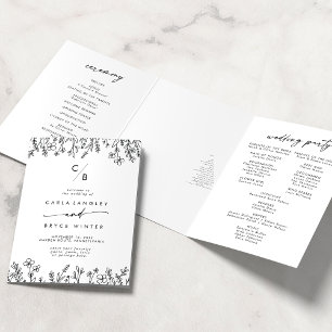 Programa Com Borda Tripla Casamento Monograma de Flor Silvestre Boho Chic