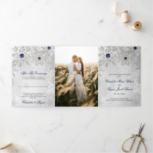 Programa Com Borda Tripla Casamento no inverno Marinho de Prata Azul Floco d