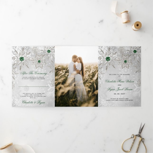 Programa Com Borda Tripla Casamento no inverno Silver Emerald Green Snowflak (Fora)