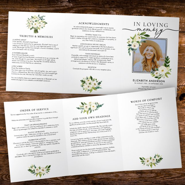 Programa Com Borda Tripla Flores em Aquarela Branca & Foto Funeral/Memorial (Criador carregado)