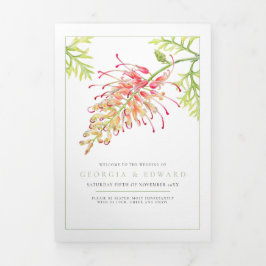 Programa Com Borda Tripla Grevillea watercolor floral, casamento branco verd
