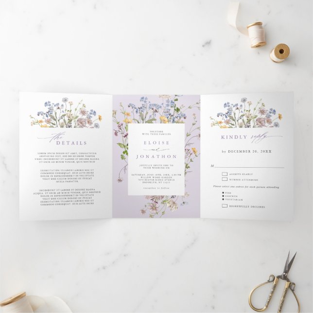 Programa Com Borda Tripla Lavender Spring Wildflower Garden Wedding Invite   (Dentro)
