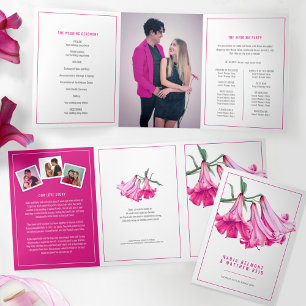 Programa Com Borda Tripla Lírio trombeta rosa arte aquarela casamento
