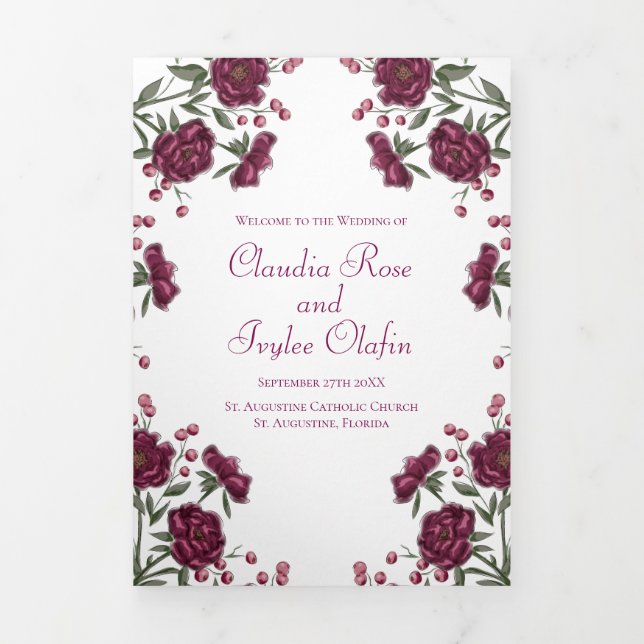 Programa Com Borda Tripla Maroon Rose Wedding Programs (Cobrir)