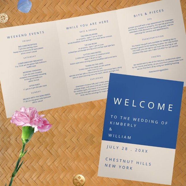 Programa Com Borda Tripla Marselha Bleu Wedding - Letra Itinerária (Marseille Bleu Modern Wedding Tri-Fold Welcome Letter Itinerary Program)